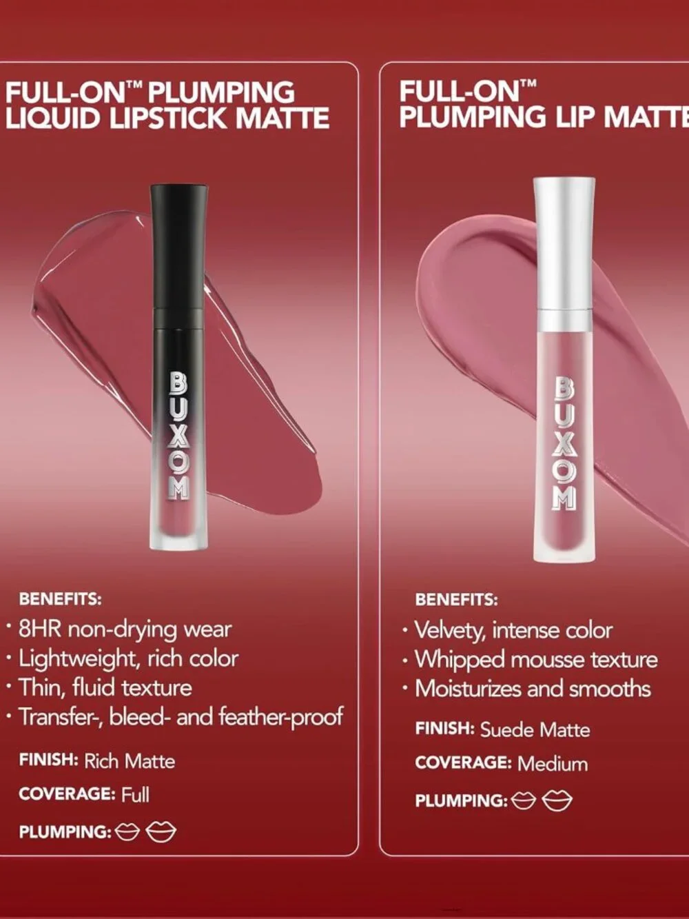 BUXOM Full-On Plumping Liquid Matte Lipstick, 8HR Long Wear, Lip Plumper
